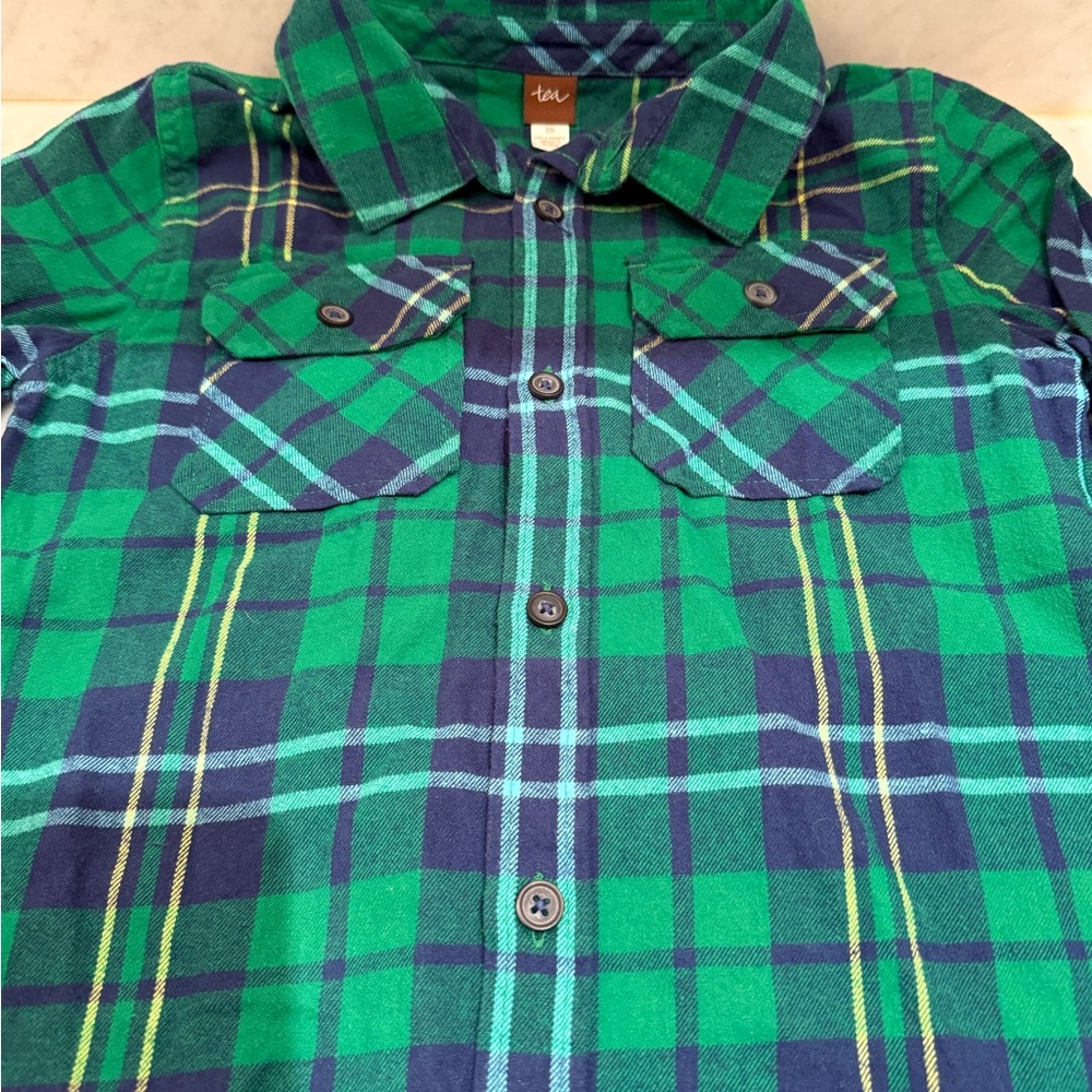 Like New Boys Western Flannel Green and Blue Plaid Button Down Shirt Size 10